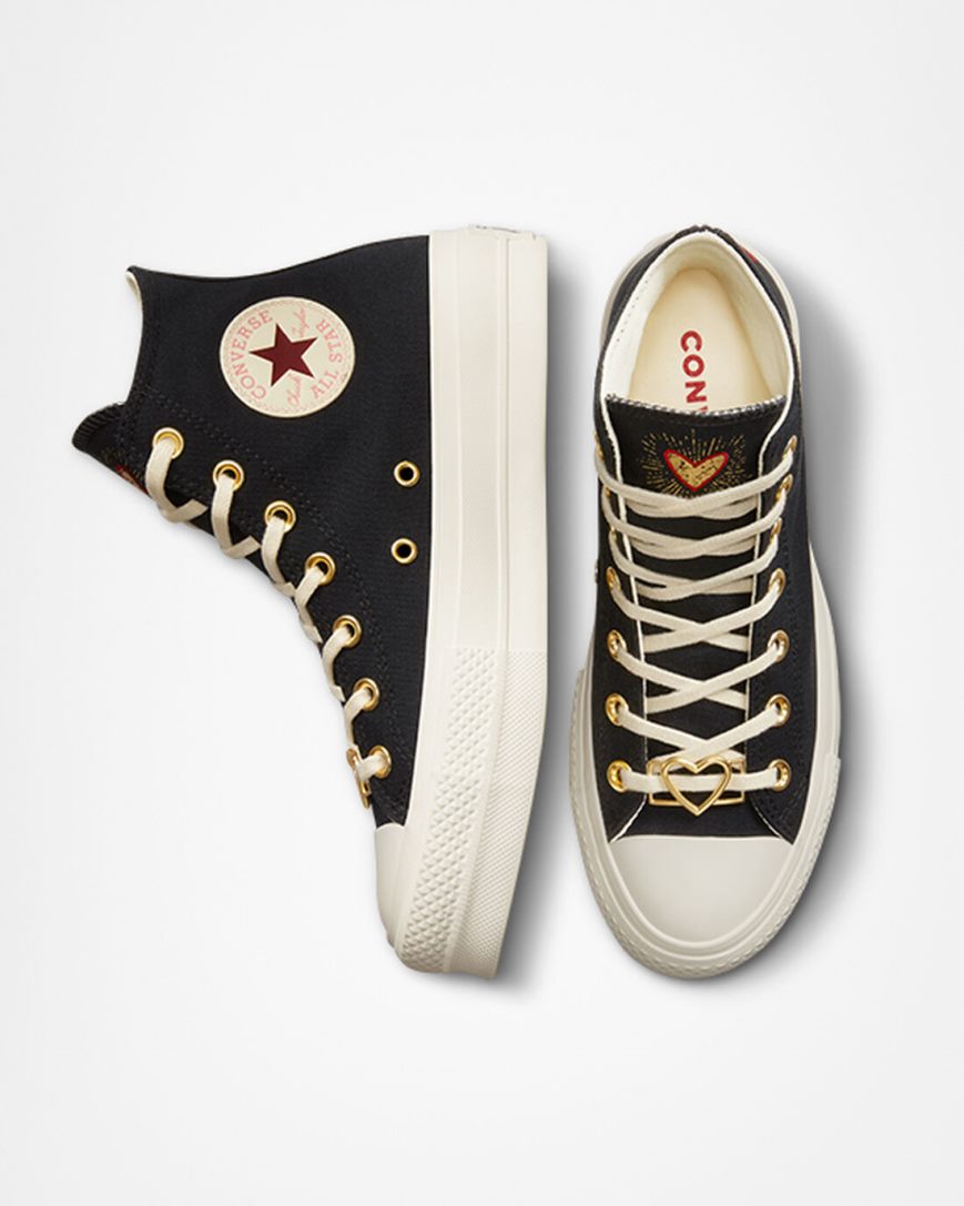 Pantofi Platforma Dama Converse Chuck Taylor All Star Lift Hearts Inalti Negrii Rosii Inchis | RO 0WTVL170